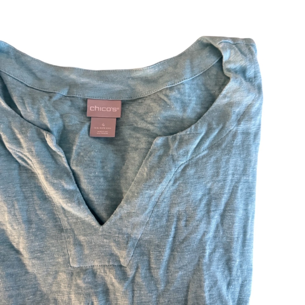Chico’s EUC Linen 3/4 Sleeve Blouse Turquoise Blue 4 XXL